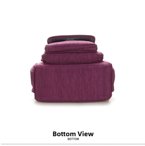 Detailed view of the wide bottom base and durable nylon fabric of the purple backpack