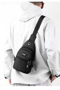 Rear view of black waterproof oxford chest bag with earphone hole and sport fashion logo