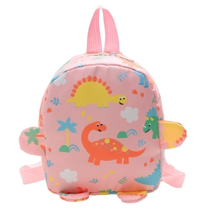 Pink cartoon dinosaur backpack for kids with playful patterns and 3D decorative accents