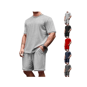 T-Shirt Et Short Pour Hommes Été Sport Casual Col Rond Manches Courtes Cordon Taille Détail Rayures Vêtements