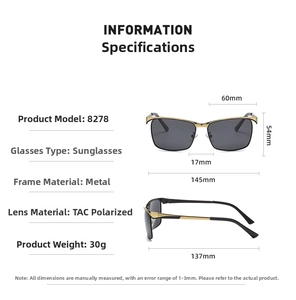 Detailed size chart and technical specifications for polarized metallic sunglasses 8278