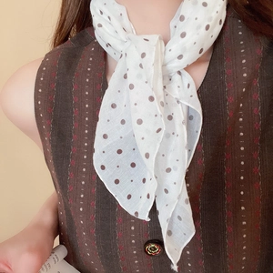Elegant white silk scarf with brown polka dots for neck or waist styling