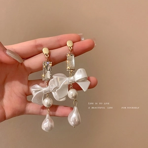 Bow Drop Earrings With 925 Sterling Silver Earring Post Alloy Rhinestone Faux Artificial Pearl Sweet Elegant Jewelry For Women
