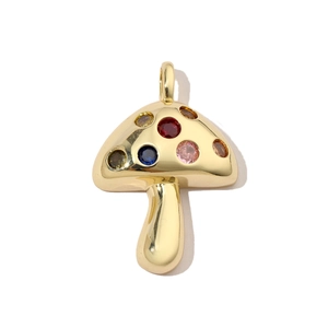 Detailed view of mushroom-shaped copper pendant with colorful zircon stones in gold finish