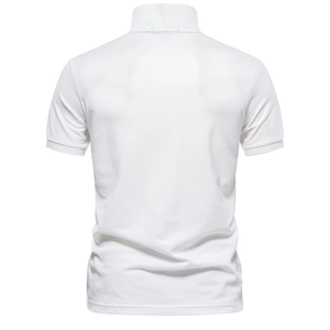 Rear view of white short-sleeve polo shirt with piqué knit texture and ribbed collar