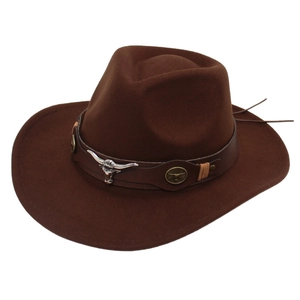 Western Cowboy Hat Retro Felt Wide Brim Leather Belt Metal Bull Head Concho Ethnic Style Outdoor Headwear