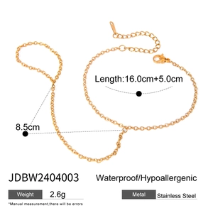 Gold stainless steel finger bracelet with zircon and pearls, length 16cm plus 5cm extender
