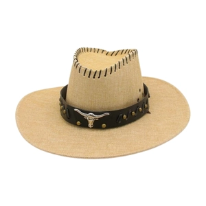 Western Cowboy Hat Retro Ethnic Bull Head Fedora Wide Brim Woven Polyester With Leather Band And Metal Rivets Decor