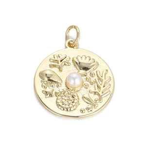 14K gold plated round Arabic pendant with embossed sea life patterns and a central pearl