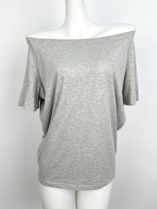 Light heather grey off-the-shoulder short sleeve T-shirt in a relaxed minimalist style