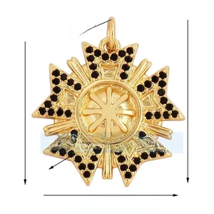 Macro view of gold star pendant with black gems and detailed size specifications