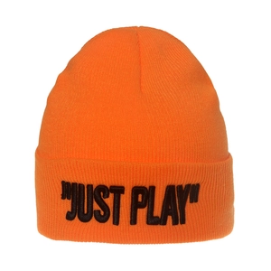 Bright orange knit beanie with black JUST PLAY embroidery on the folded cuff