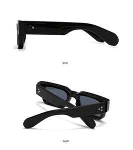 Side and back view of black rectangular sunglasses with silver gear-shaped rivets