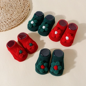 Baby Floor Socks Anti Slip Combed Cotton Toddler Infant Walking Short Boat Socks With Dimensional Knit Flower Christmas Style
