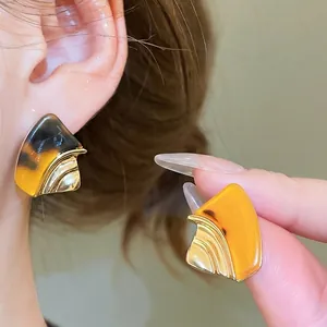 18k gold plated fan-shaped earrings with amber resin geometric dangle for women