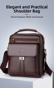 Detail view of brown lychee grain texture and metal hardware on the men's crossbody bag