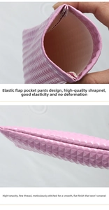 Detail of pink PU leather sunglasses pouch with diamond texture and spring closure