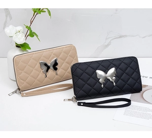 Quilted faux leather long wallet with metallic butterfly and detachable wrist strap