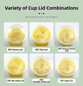 Six types of PET plastic lids including dome and flat styles for disposable cold drink cups
