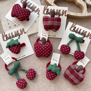 Cute Korean style strawberry and cherry fabric hair clips and ties set for girls