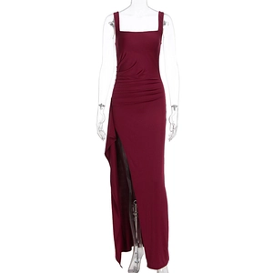 Detailed view of the square neck and side ruching on the wine red side slit maxi dress