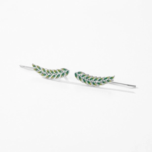 Elegant S925 sterling silver leaf ear cuffs with green enamel on a white background