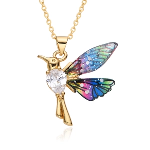 Golden hummingbird necklace with colorful wings and drop-shaped zircon on white background