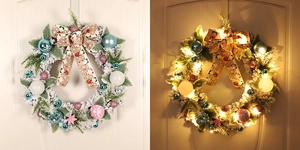 Dual view of Christmas wreath showing unlit and warm LED glowing effect with blue ornaments