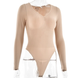 Detail of beige V-neck long sleeve bodysuit with ribbed tummy control and seamless texture
