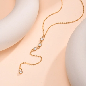 Elegant gold Y-shaped stainless steel lariat necklace with sparkling round zircon accents