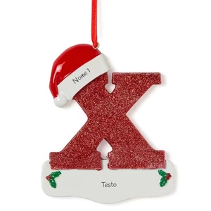 Detail of red glitter Christmas letter K ornament with Santa hat and custom name tag
