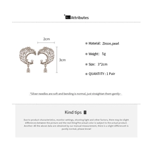 Detailed size specifications and dimensions for zircon moon pearl drop earrings