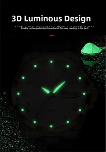 Macro shot of Poedagar men's watch with luminous green hands and double calendar display