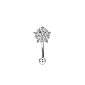 Floral eyebrow ring with clear zircon inlay and polished silver finish on white background