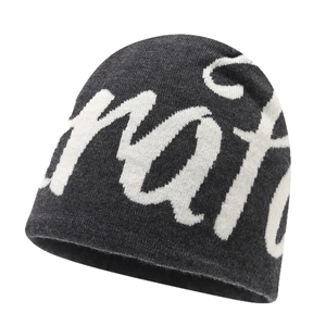 American street style knit beanie with white jacquard lettering and a thick winter texture