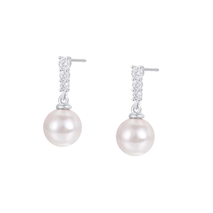 Sparkling S925 sterling silver drop earrings featuring a round pearl and three vertical zircons