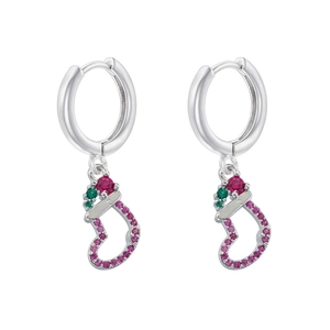 Detail of Christmas stocking drop earrings with red, pink and green rhinestones