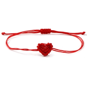 Handmade red braided cord bracelet with heart charm and adjustable sliding knot