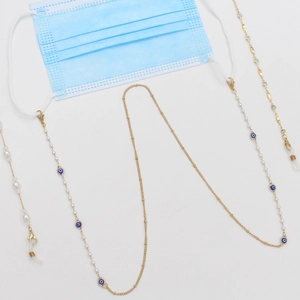 Fashionable colorful bead eyewear chain with blue evil eye charms and gold metal links