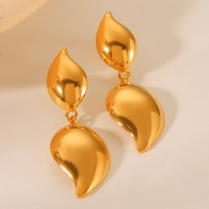 Polished 18K gold plated stainless steel teardrop leaf earrings in a modern minimalist style
