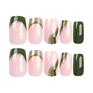 Set di unghie finte press-on stile French con verde scuro, rosa cipria e glitter argento