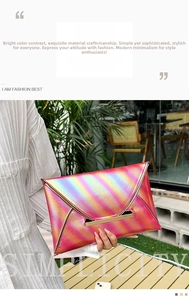 Detail of holographic envelope clutch with gold metal buckle closure and gradient colors