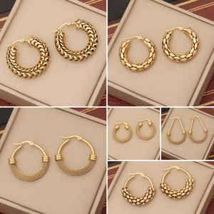 Gold Plated Stainless Steel Hoop Earrings Mesh Texture Geometric Braided Statement Retro Jewelry For Women