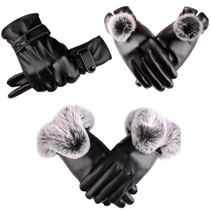Winter Warm Artificial Leather Gloves Men Women Fleece Lined Touchscreen Windproof Cycling Gloves Solid Color Outdoor Thermal Handwear