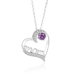S925 sterling silver heart necklace for women with purple gemstone and mom engraving