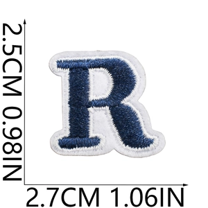 Mini navy blue embroidered letter R patch on white fabric for clothing decoration