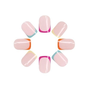Short square press-on nails with vibrant dopamine French tips and pastel pink base