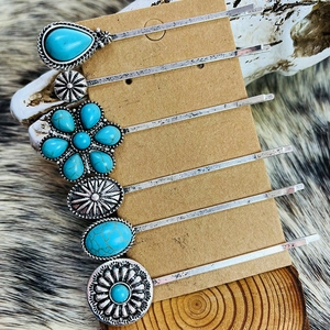 Vintage Turquoise Alloy Bobby Pin Hair Clip Bohemian Western Style Ethnic Flower Decorative Accessories For Women