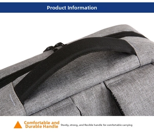 Detail of gray backpack featuring reinforced black nylon handle and durable stitching