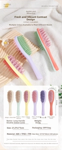 Detailed dimensions and colorful variants of the 2-in-1 dual-sided long handle hair comb
